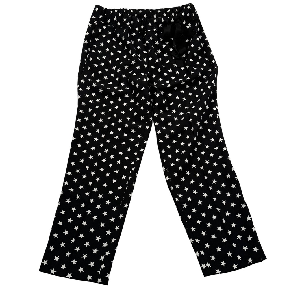 J Crew Tie Waist Pant Womens 8 Black White Star Print Elastic Waist G8644